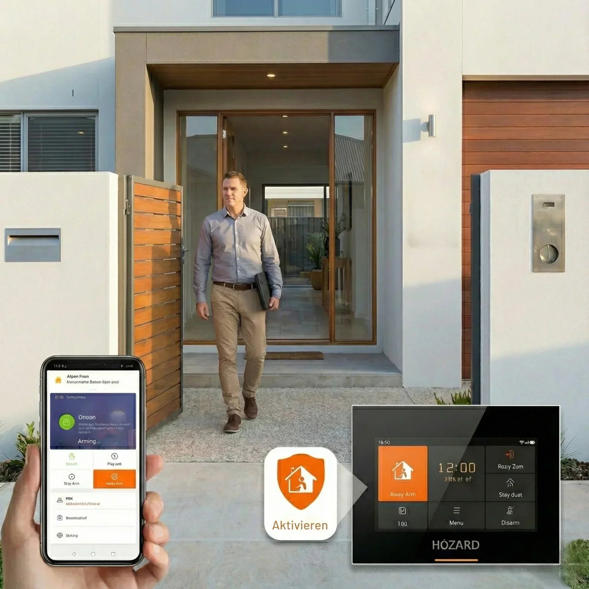 Mann verlässt modernes Haus, aktiviert smarte Alarmanlage per Smartphone-App und Bedienpanel