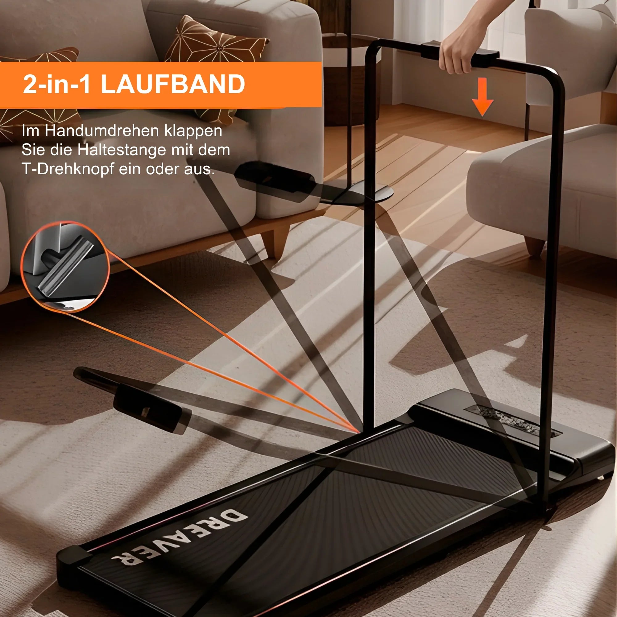 2-in-1 Laufband mit klappbarer Haltestange im modernen Wohnzimmer, einfache Bedienung gezeigt