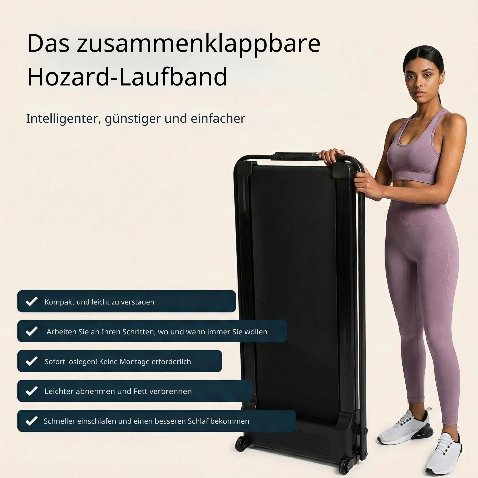 Frau mit zusammenklappbarem Laufband, Fitness, platzsparend, Home-Workout, einfach verstaubar