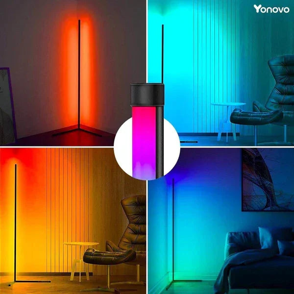 Moderne LED Stehlampe in verschiedenen Farbtönen, stimmungsvolle Wohnzimmerbeleuchtung