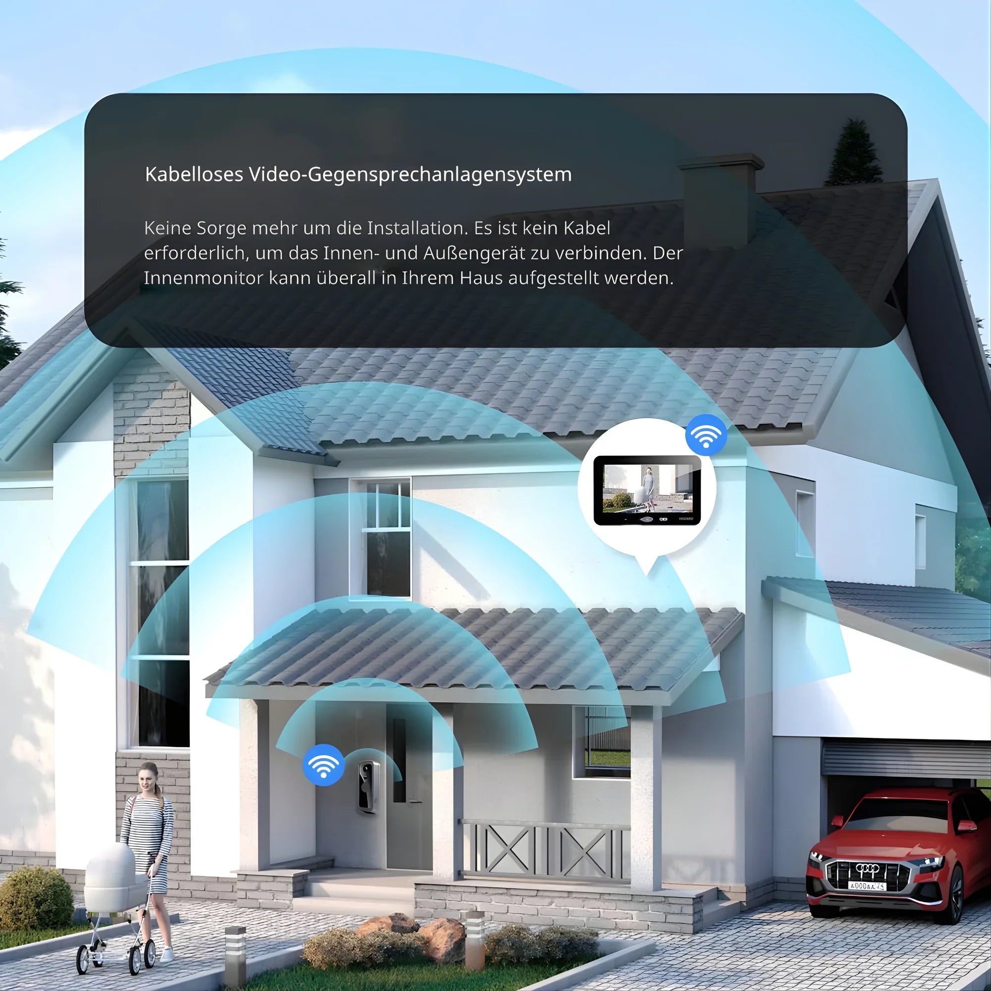 Modernes Einfamilienhaus mit kabellosem Video-Gegensprechanlage, Frau mit Kinderwagen, WLAN-Symbolen