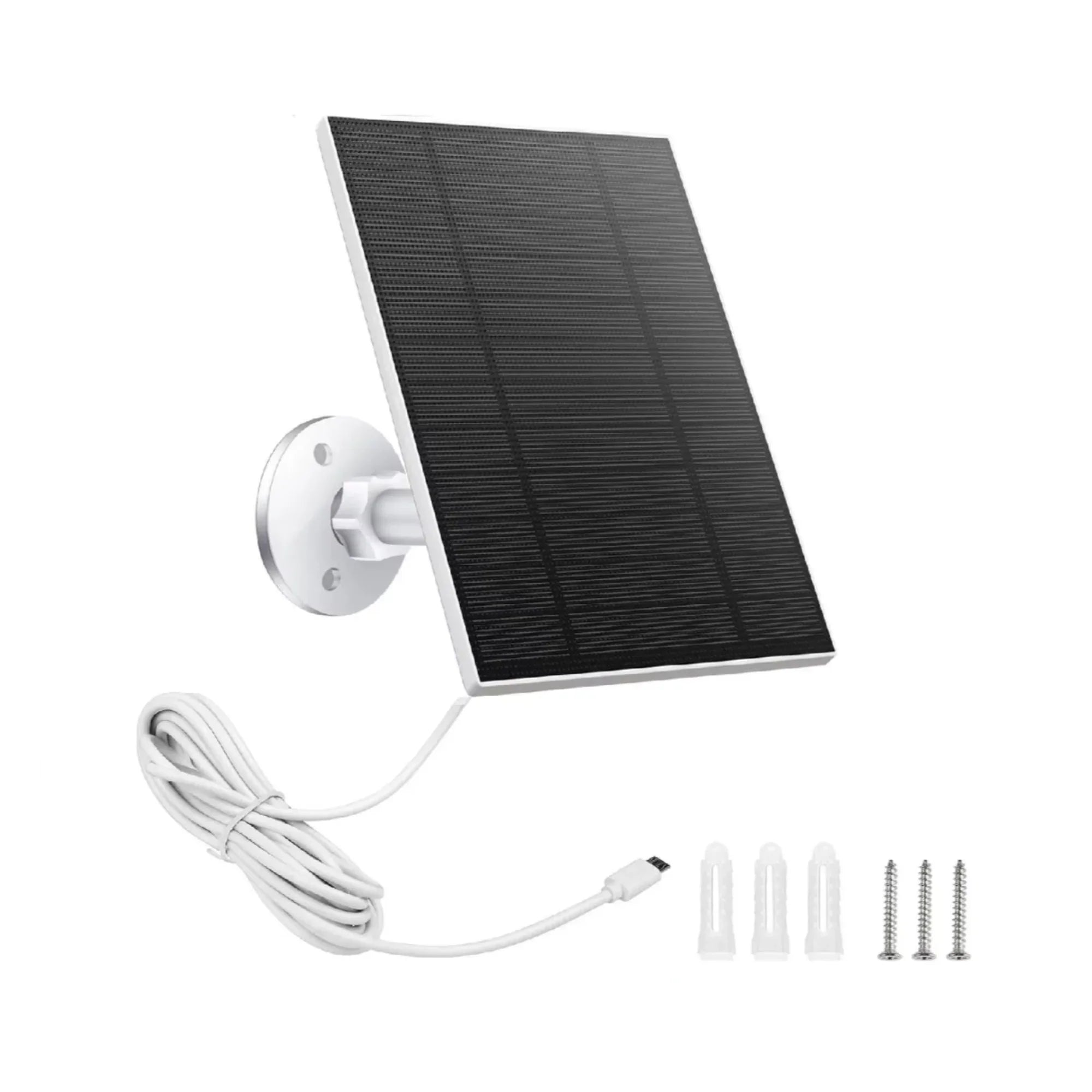 Solarpanel für Alarmanlage mit Wandhalterung, Ladekabel und Montageset, weißer Hintergrund