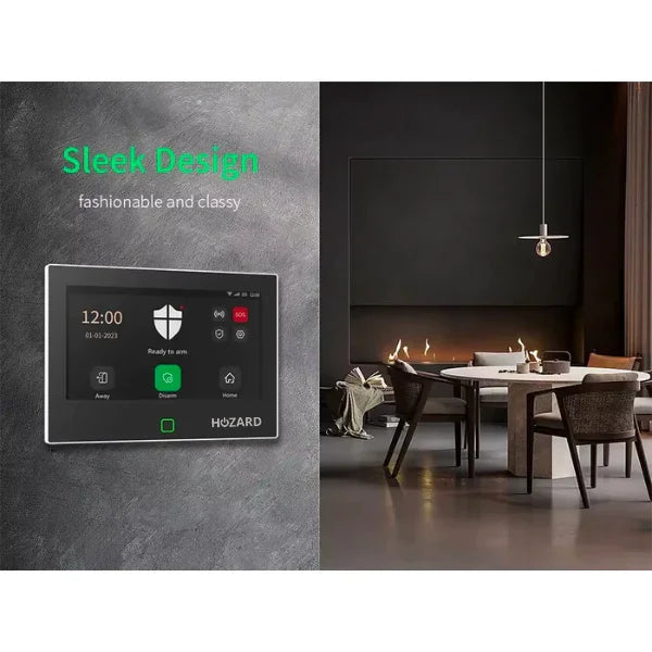 Moderne Alarmanlage mit Touchscreen, elegantes Design, Wandmontage im stilvollen Esszimmer