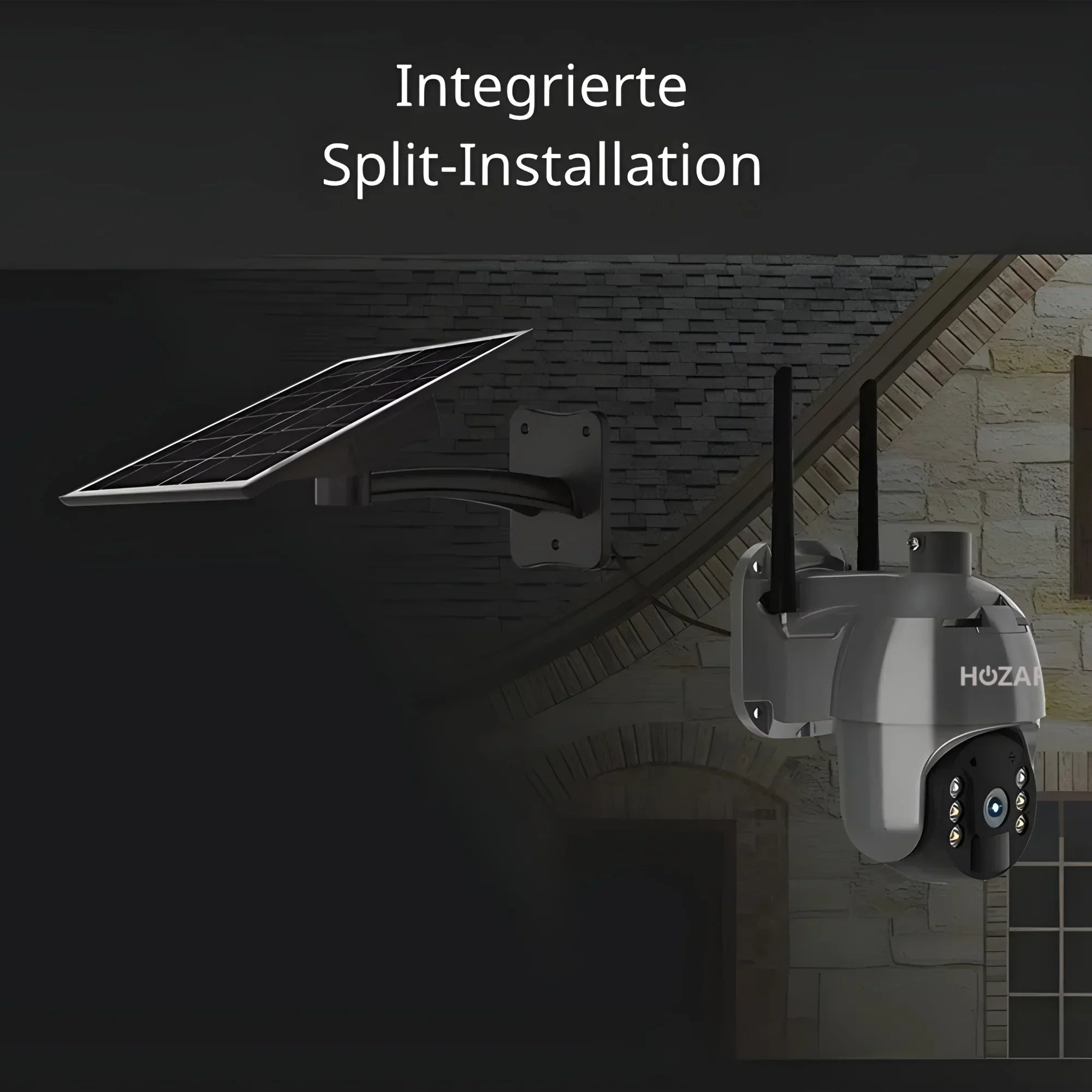 WLAN Überwachungskamera mit getrennter Solarpanel-Installation an Hauswand