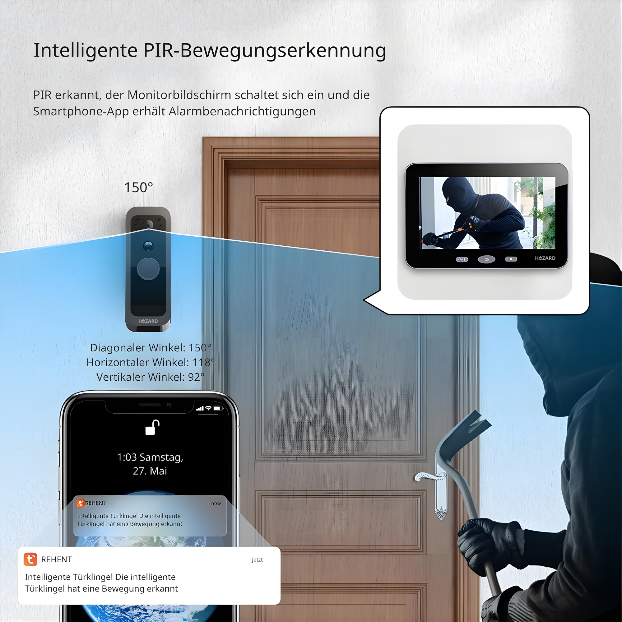 Türklingel mit Kamera und Monitor 32GB – WLAN + APP – Video-Türklingel – 5-Zoll-IPS-Display