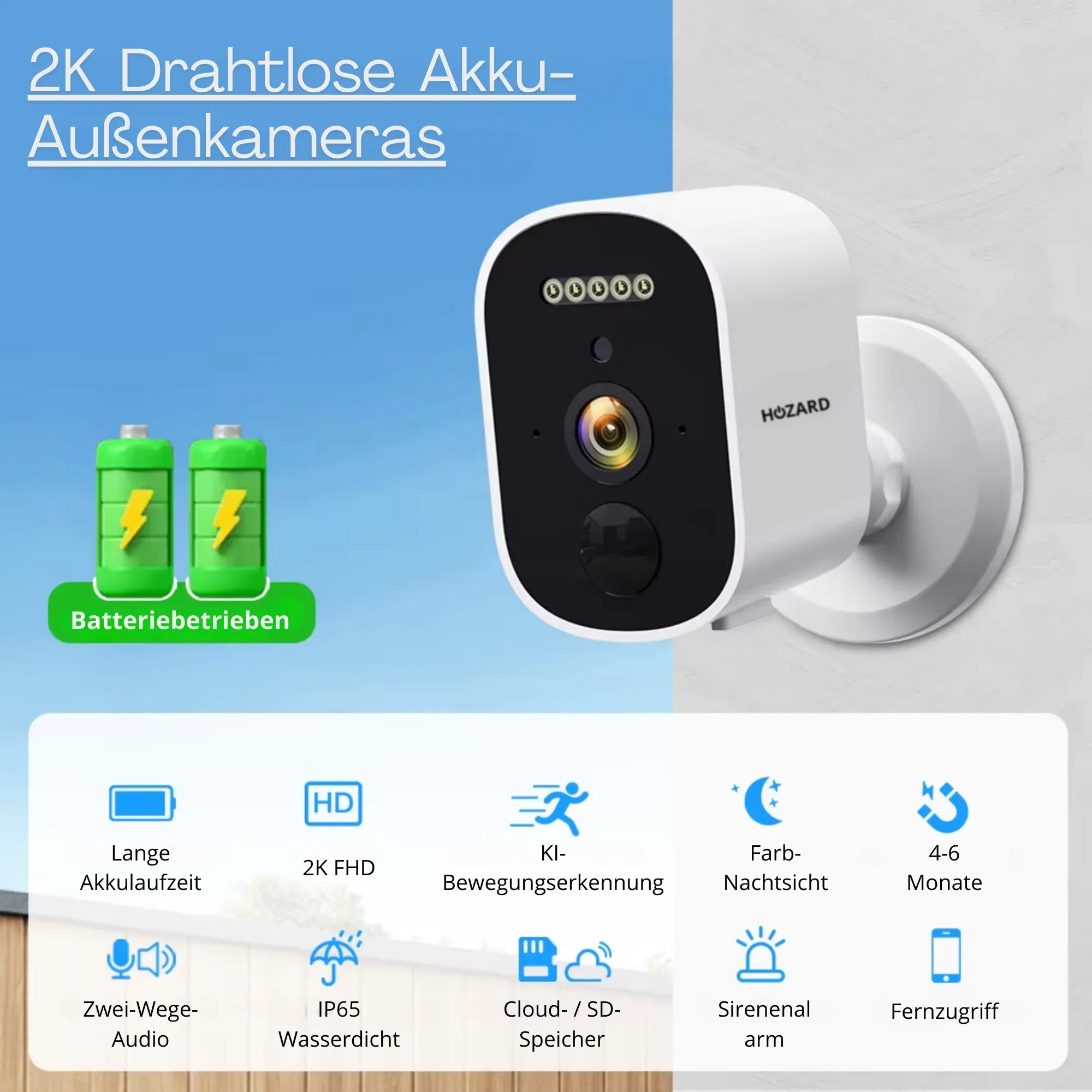 2K drahtlose Außenkamera mit Akku, Nachtsicht, Bewegungserkennung, wetterfest und batteriebetrieben.