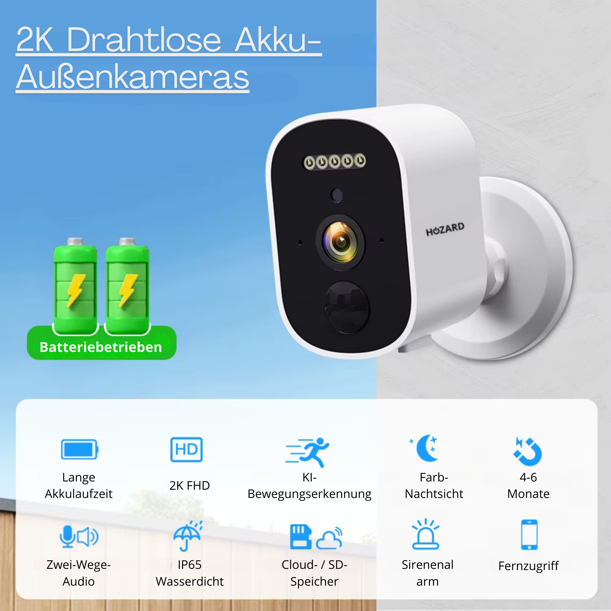 2K drahtlose Außenkamera mit Akku, Nachtsicht, Bewegungserkennung, wetterfest und batteriebetrieben.