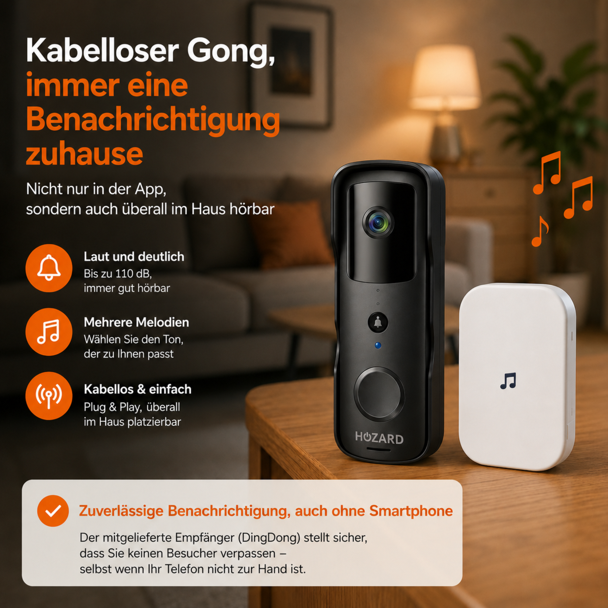 Türklingel mit Kamera und DingDong – Drahtlose Video-Türklingel – 5200 mAh - Schwarz