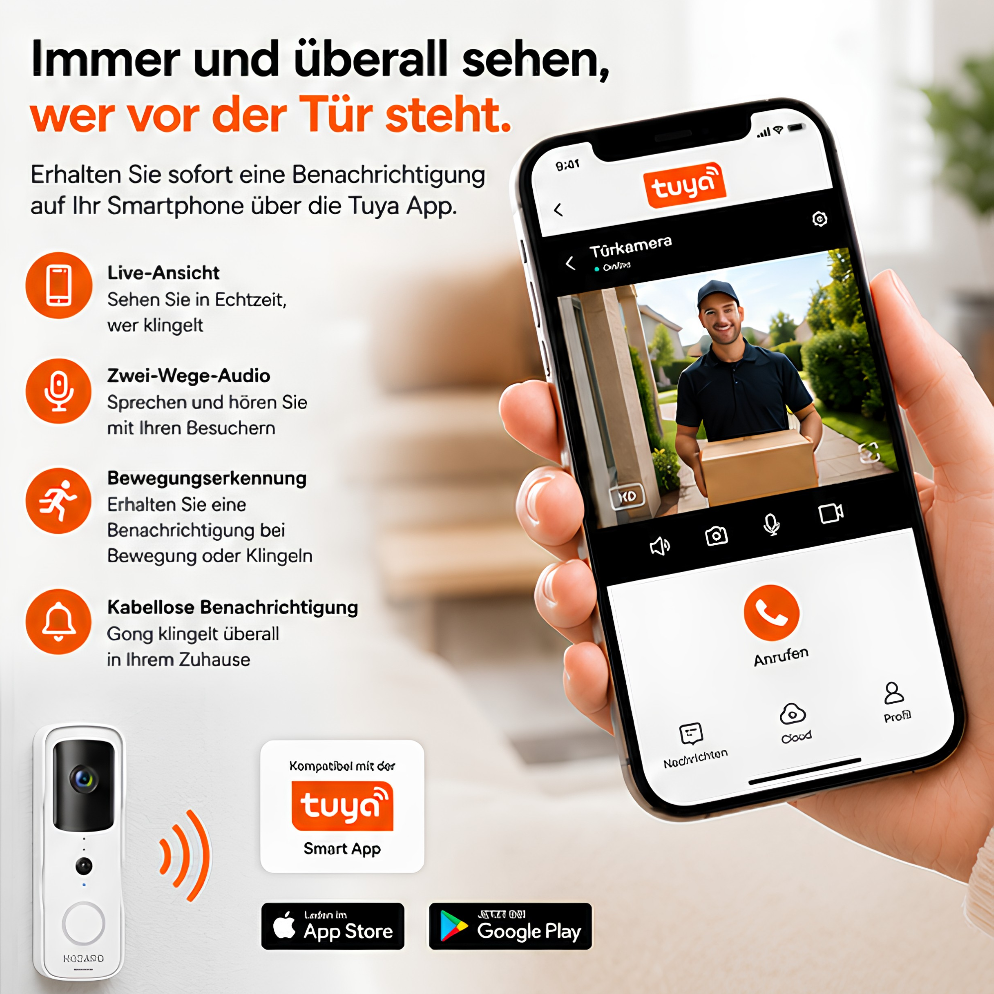 Türklingel mit Kamera und DingDong – Drahtlose Video-Türklingel – 5200 mAh - Weiß