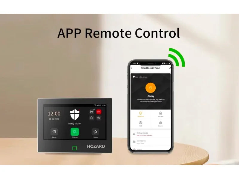 Intelligente Alarmanlage mit Steuerpanel und Smartphone-App für Fernbedienung, modernes Design
