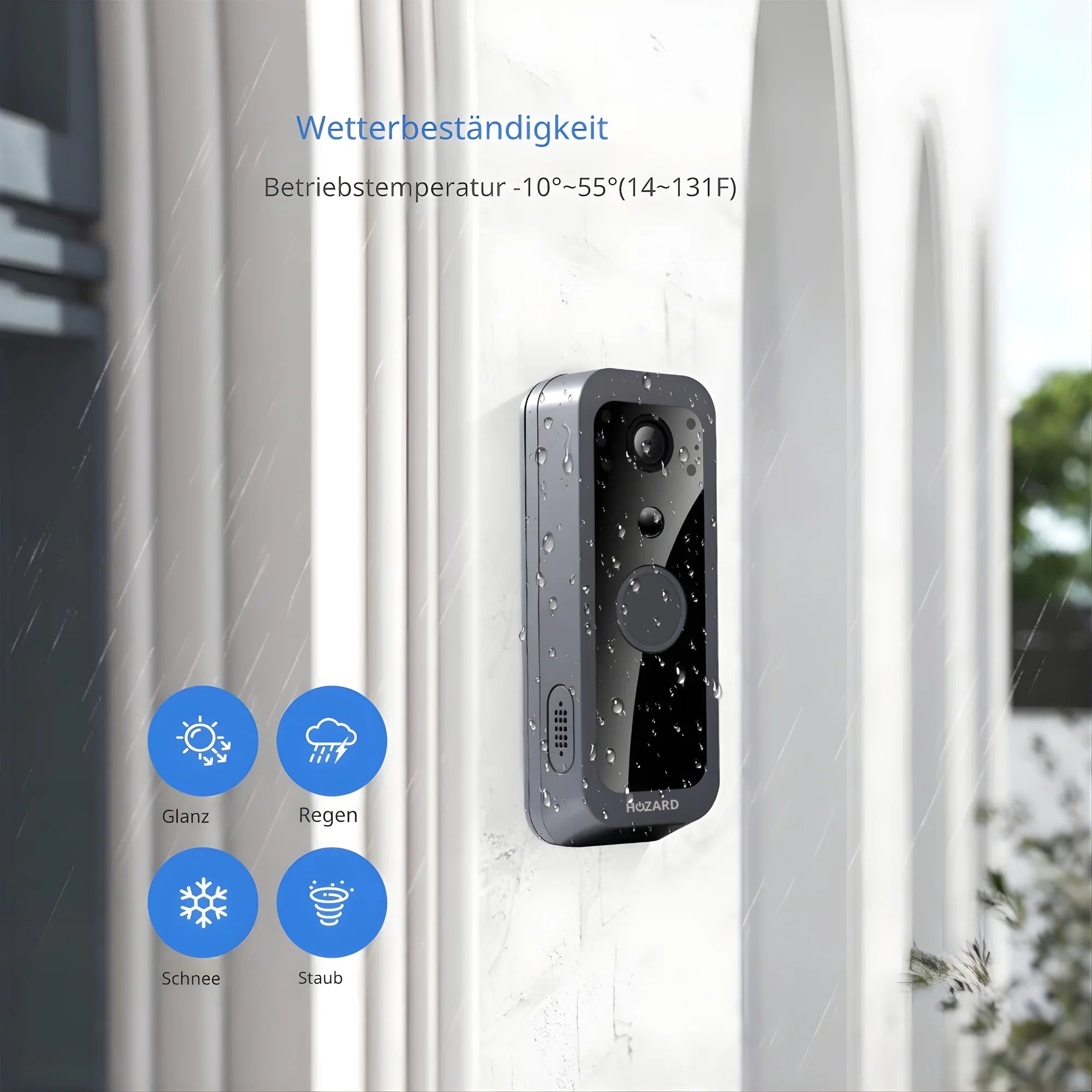 Wetterfeste Türklingel-Kamera mit Regentropfen, geeignet für Sonne, Regen, Schnee und Staub.