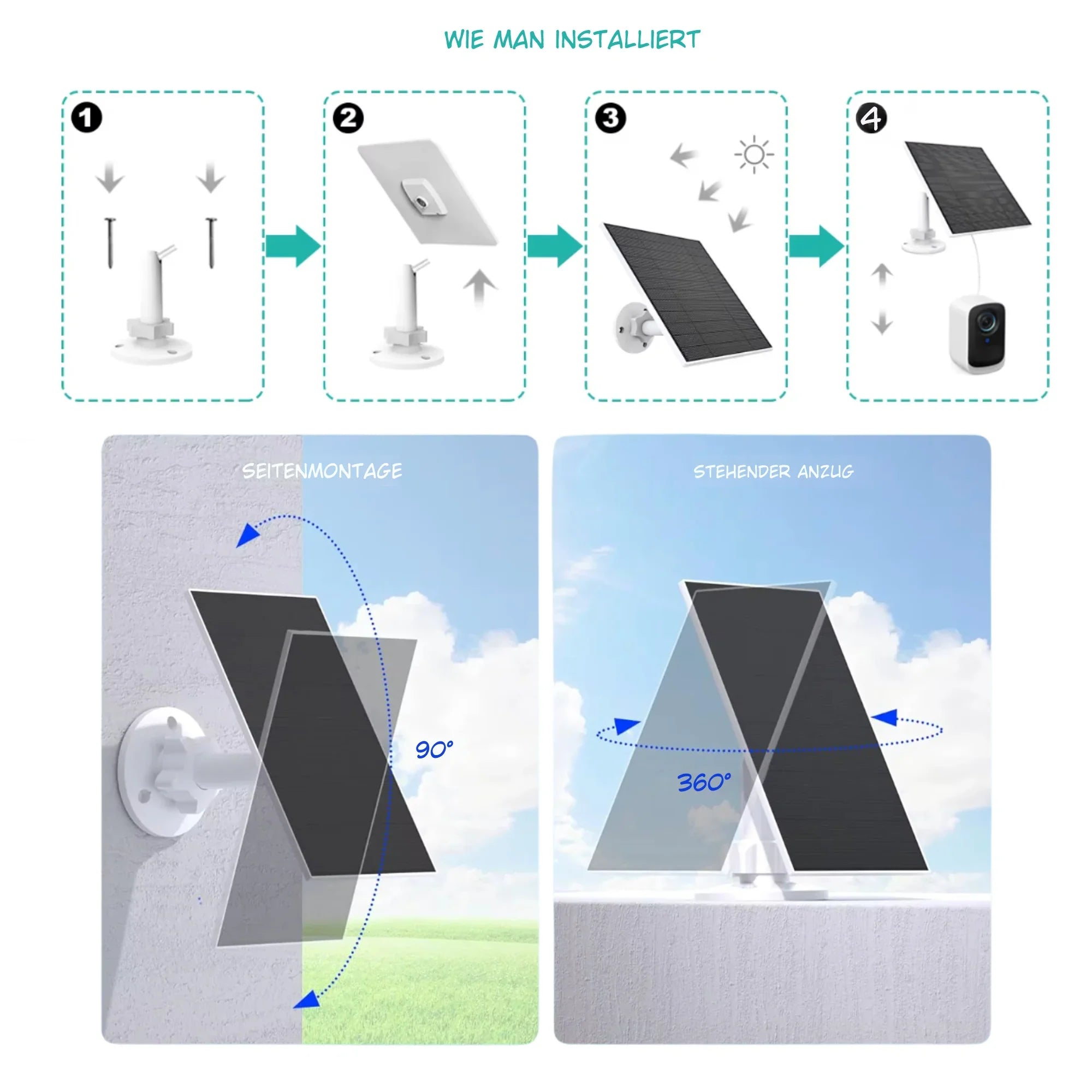 Anleitung zur Installation eines Solarpanels für Überwachungskameras, Wand- und Standmontage, mit Pfeildiagrammen.