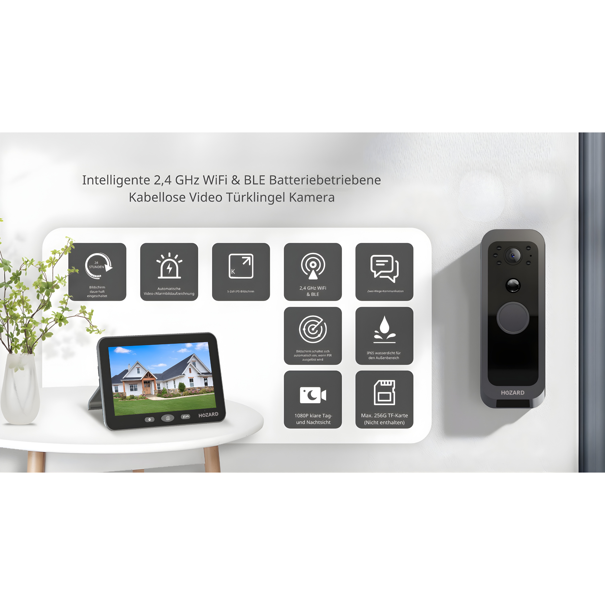 Türklingel mit Kamera und Monitor 32GB – WLAN + APP – Video-Türklingel – 5-Zoll-IPS-Display