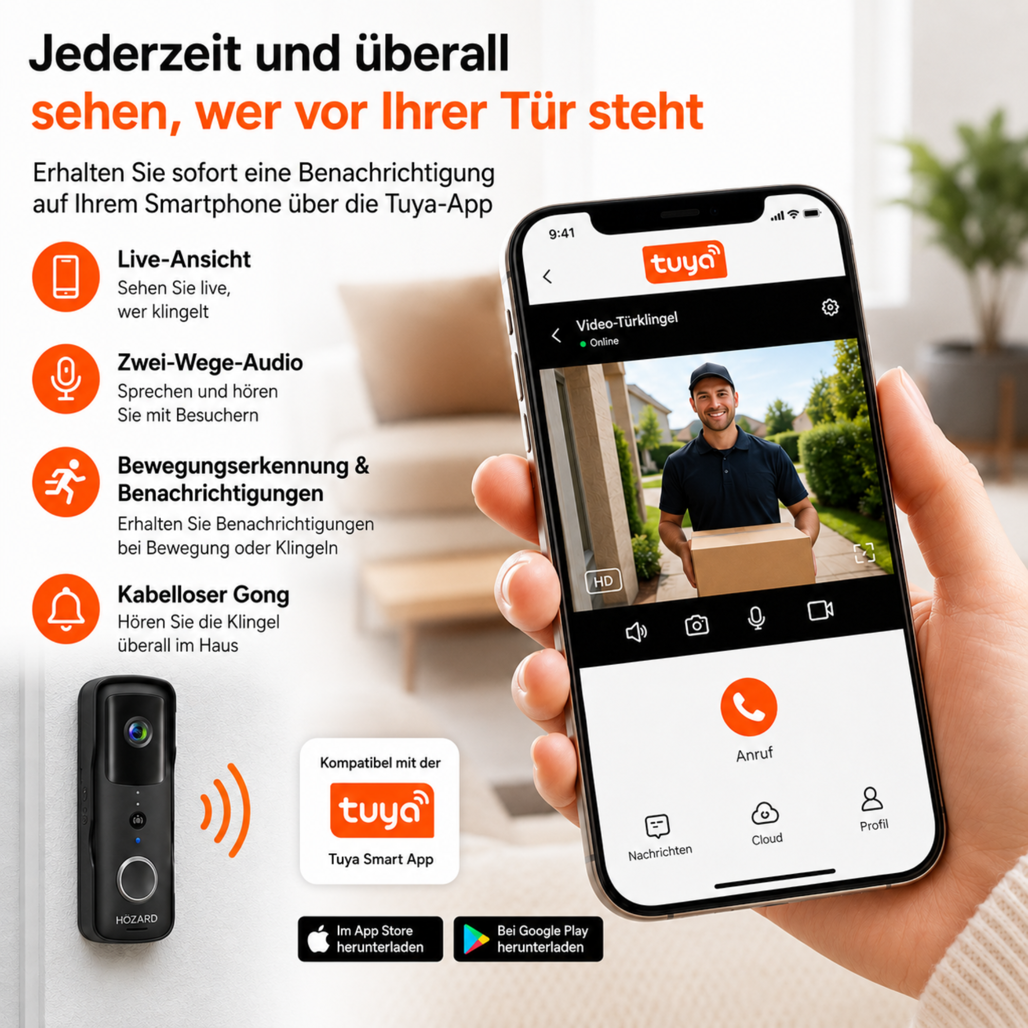 Türklingel mit Kamera und DingDong – Drahtlose Video-Türklingel – 5200 mAh - Schwarz