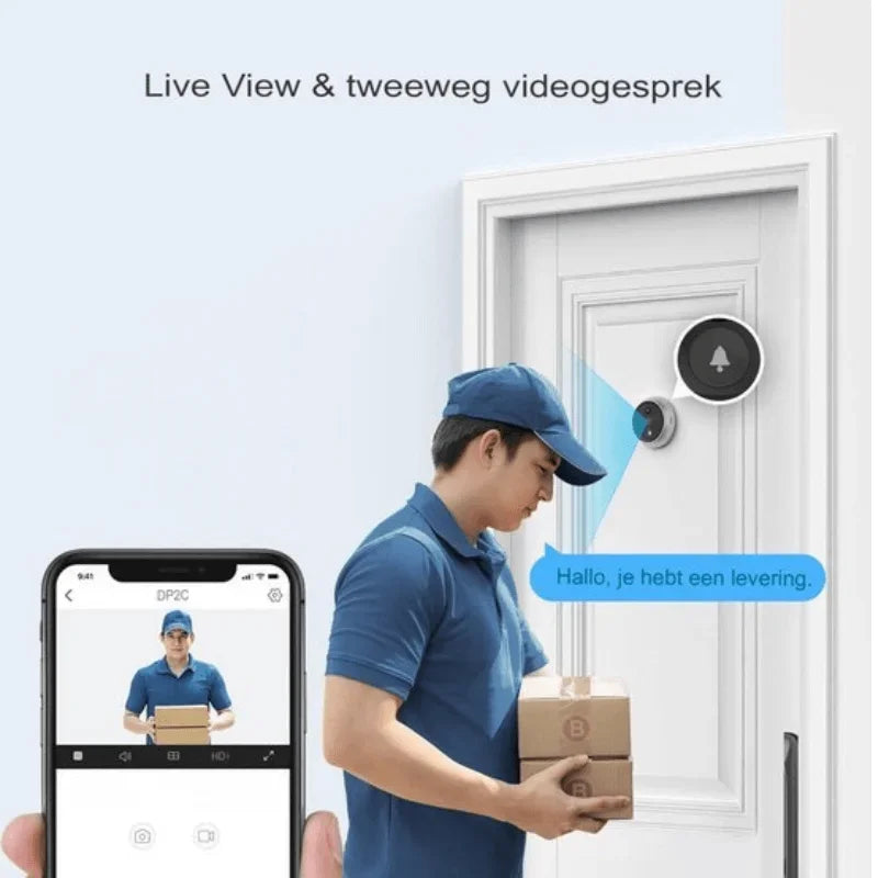 Lieferbote an Haustür mit Video-Türklingel, Live-View und Gegensprechfunktion, Smartphone-Ansicht