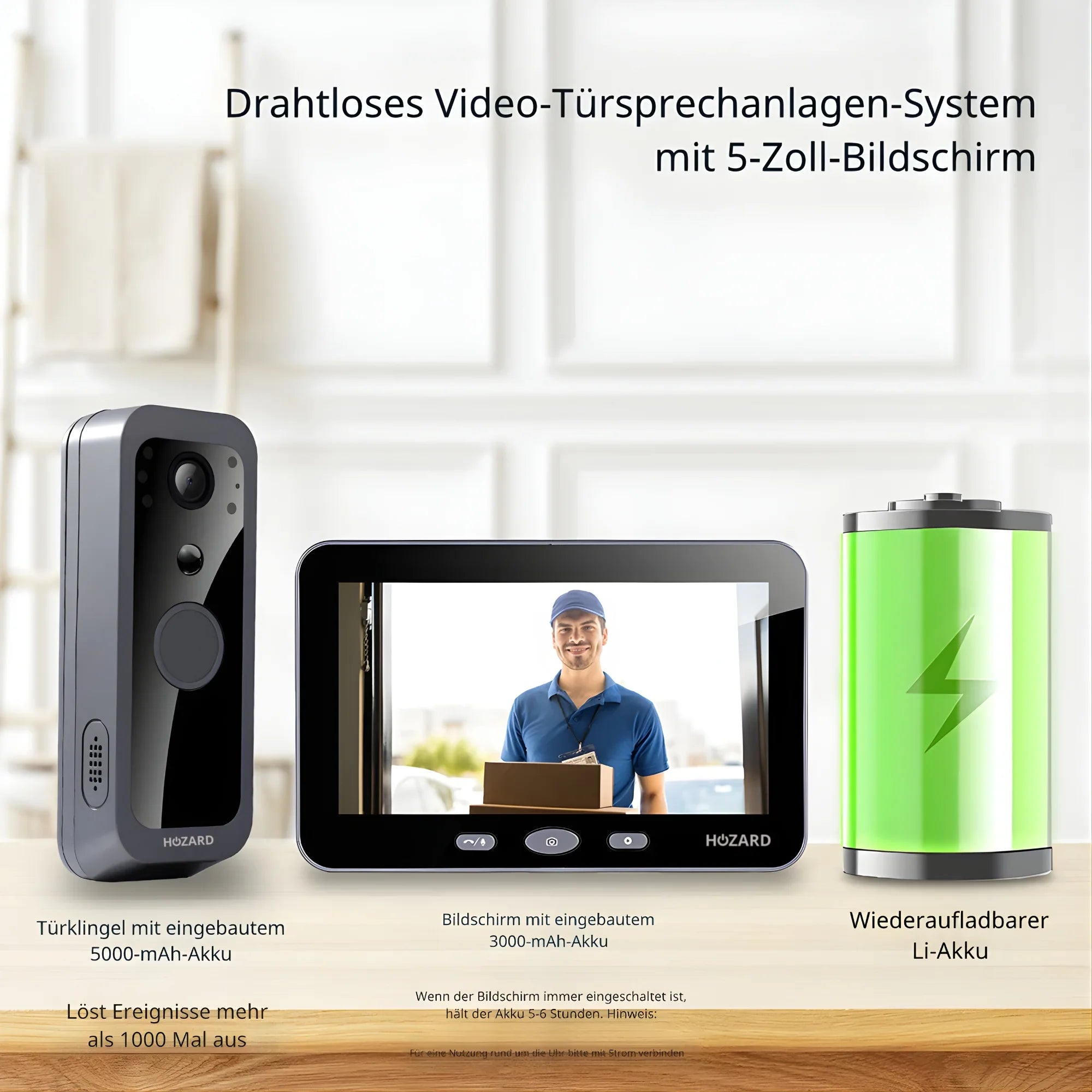 Drahtloses Video-Türsprechanlagen-System mit 5-Zoll-Bildschirm, Türklingel und Akku