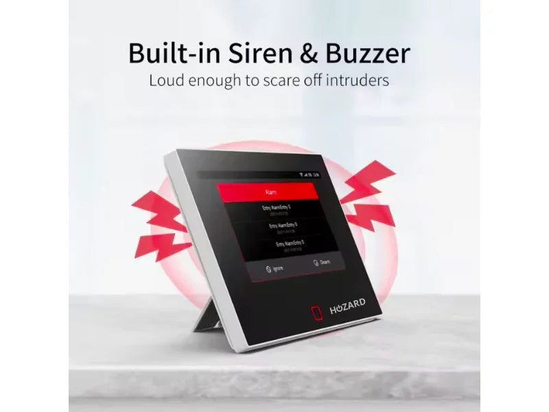 Moderne Alarmanlage mit integriertem Sirene und Buzzer, Touchscreen, Alarmbenachrichtigung sichtbar