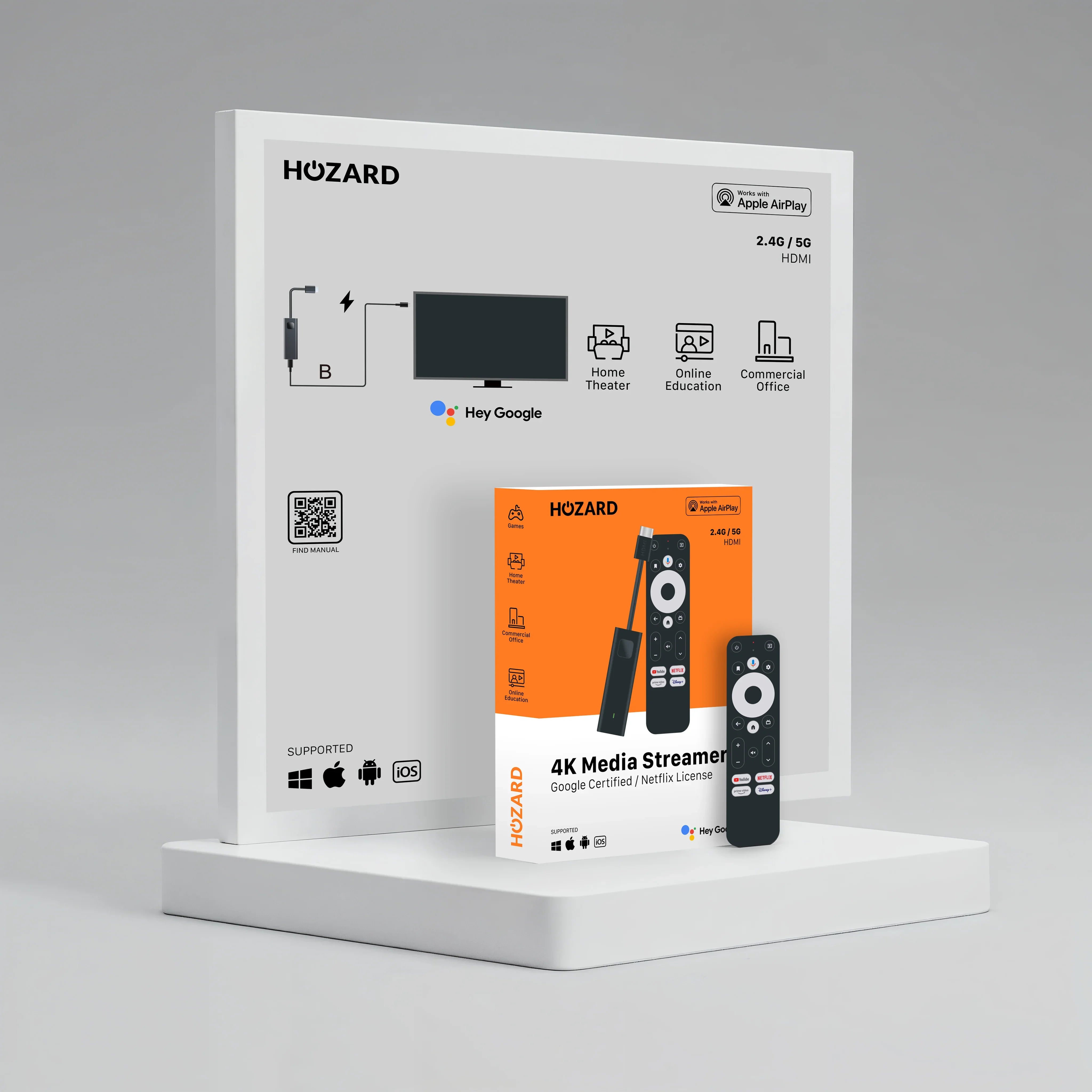 Hozard 4K Media Streamer mit Fernbedienung, HDMI-Anschluss, unterstützt Google, Apple AirPlay, Smart TV Streaming