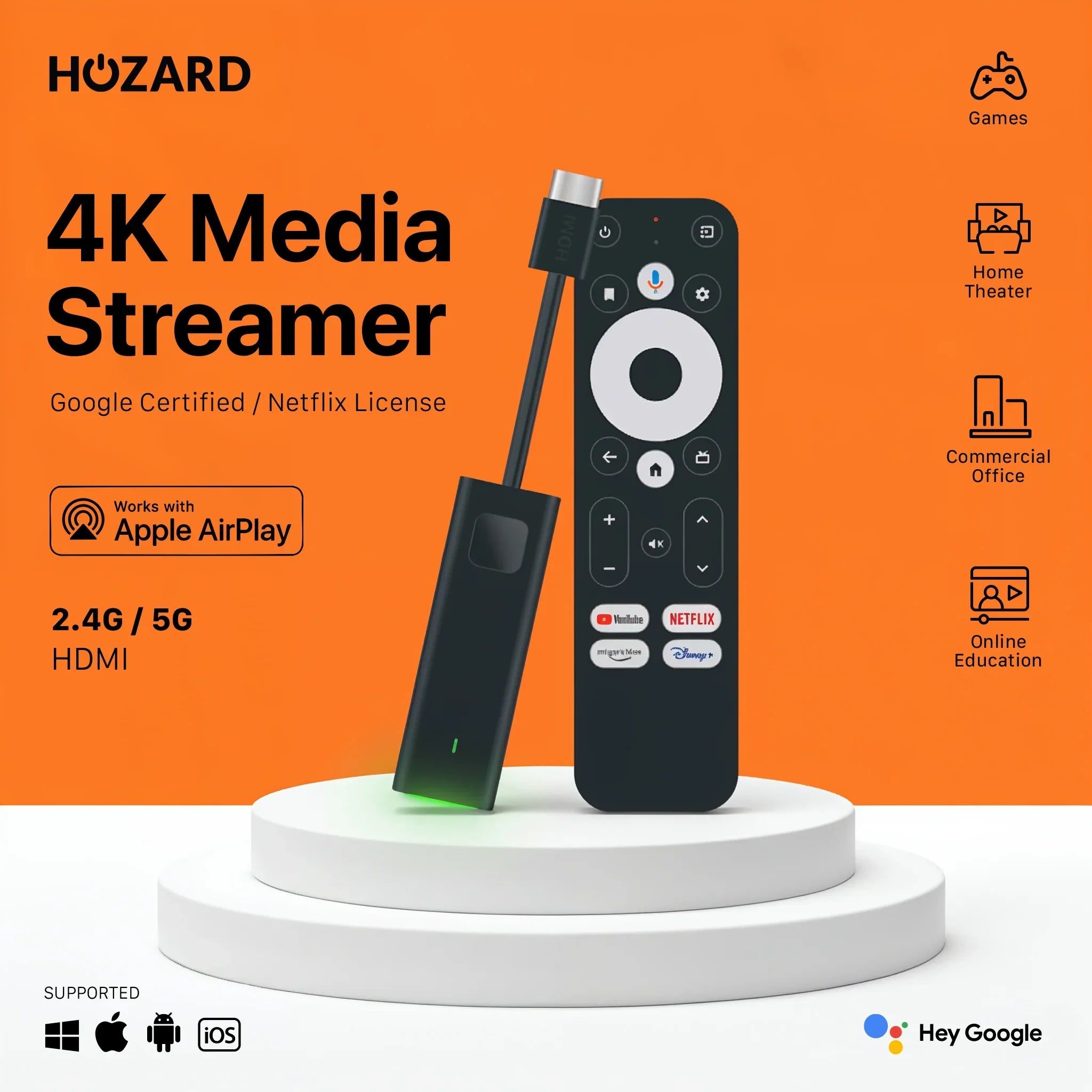 4K Media Streamer mit Fernbedienung, HDMI-Anschluss, unterstützt Apple AirPlay, Google-zertifiziert, orange Hintergrund.