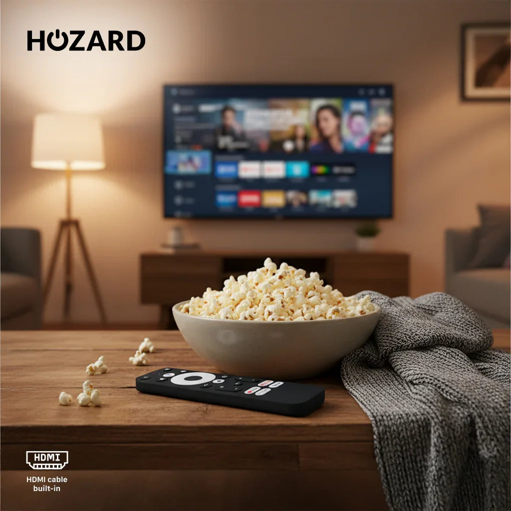 Wohnzimmer mit Fernseher, Popcornschale, Fernbedienung und grauer Decke auf Holztisch