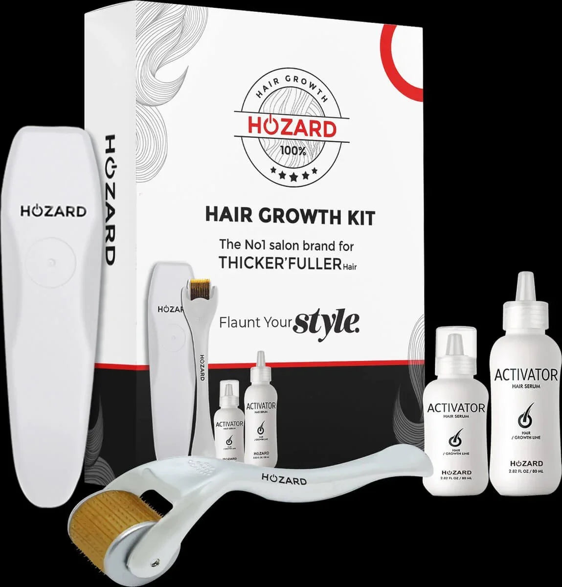 Haarwachstum Set mit Microneedling Roller, Serum und Aktivator Flaschen vor Verpackung