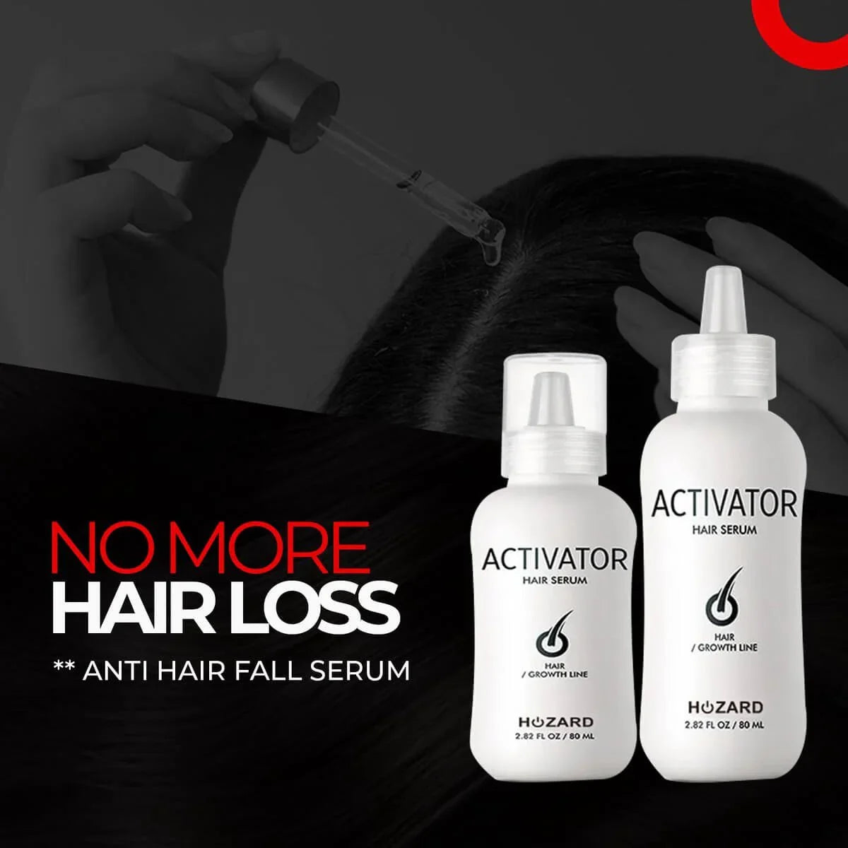 Aktivator Haarserum gegen Haarausfall, Pipette trägt Serum auf Haaransatz auf, Produktflaschen vorne
