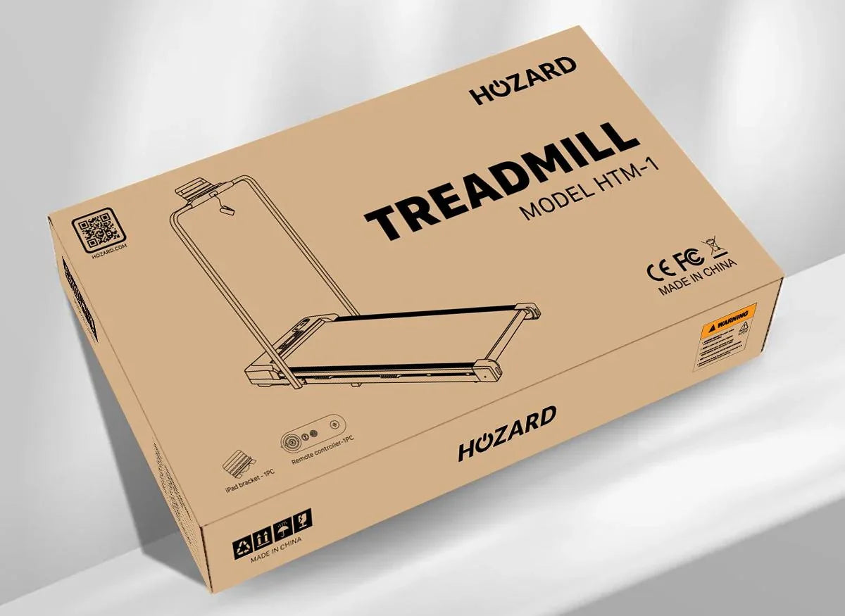 Verpackung eines Laufbands Modell HTM-1 mit Produktabbildung und technischen Symbolen