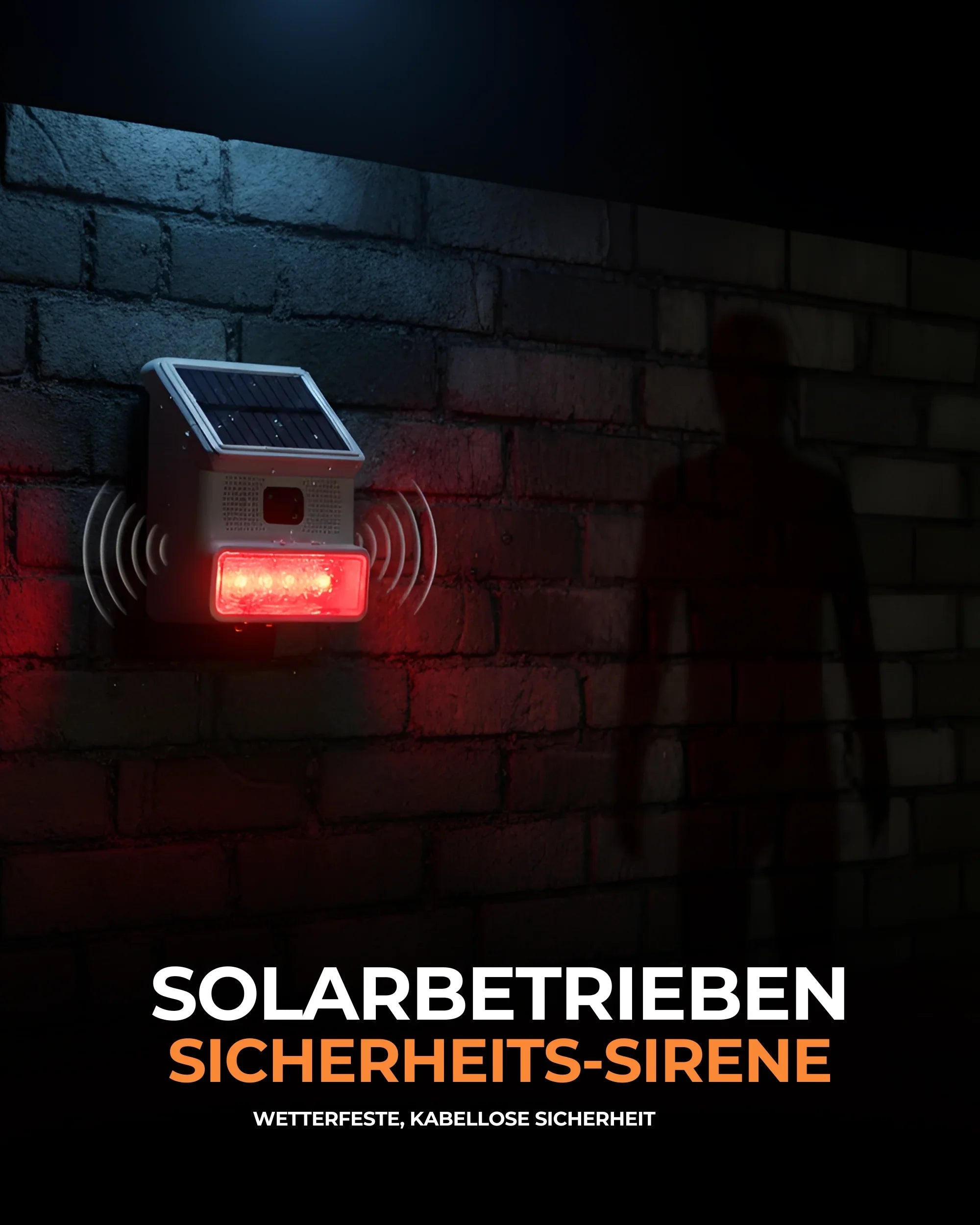 Solarbetriebene Sicherheits-Sirene mit LED-Licht an Hauswand bei Nacht, wetterfest und kabellos