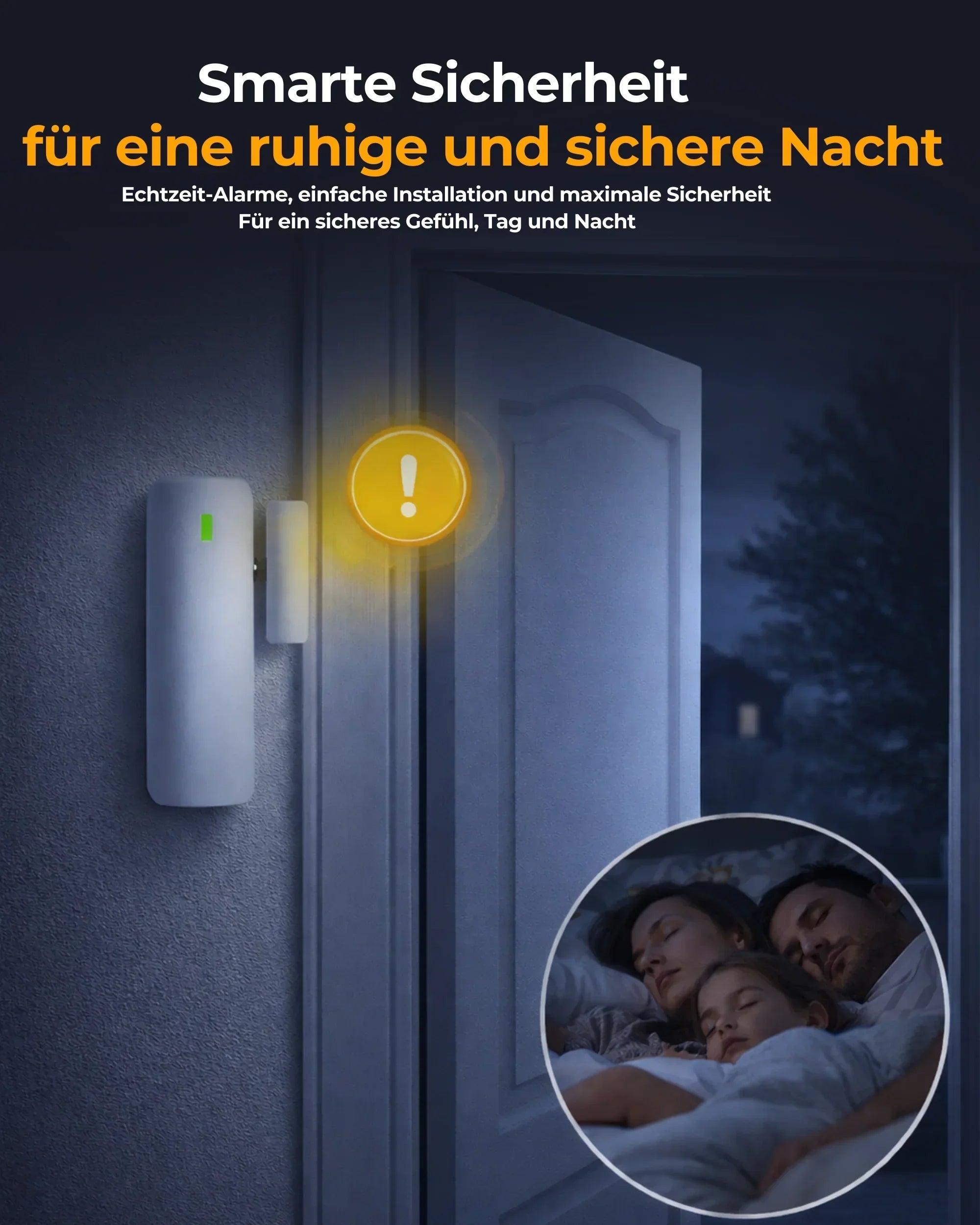Smarte Alarmanlage an Tür, nachts, Familie schläft sicher, Schutz und Sicherheit für Zuhause