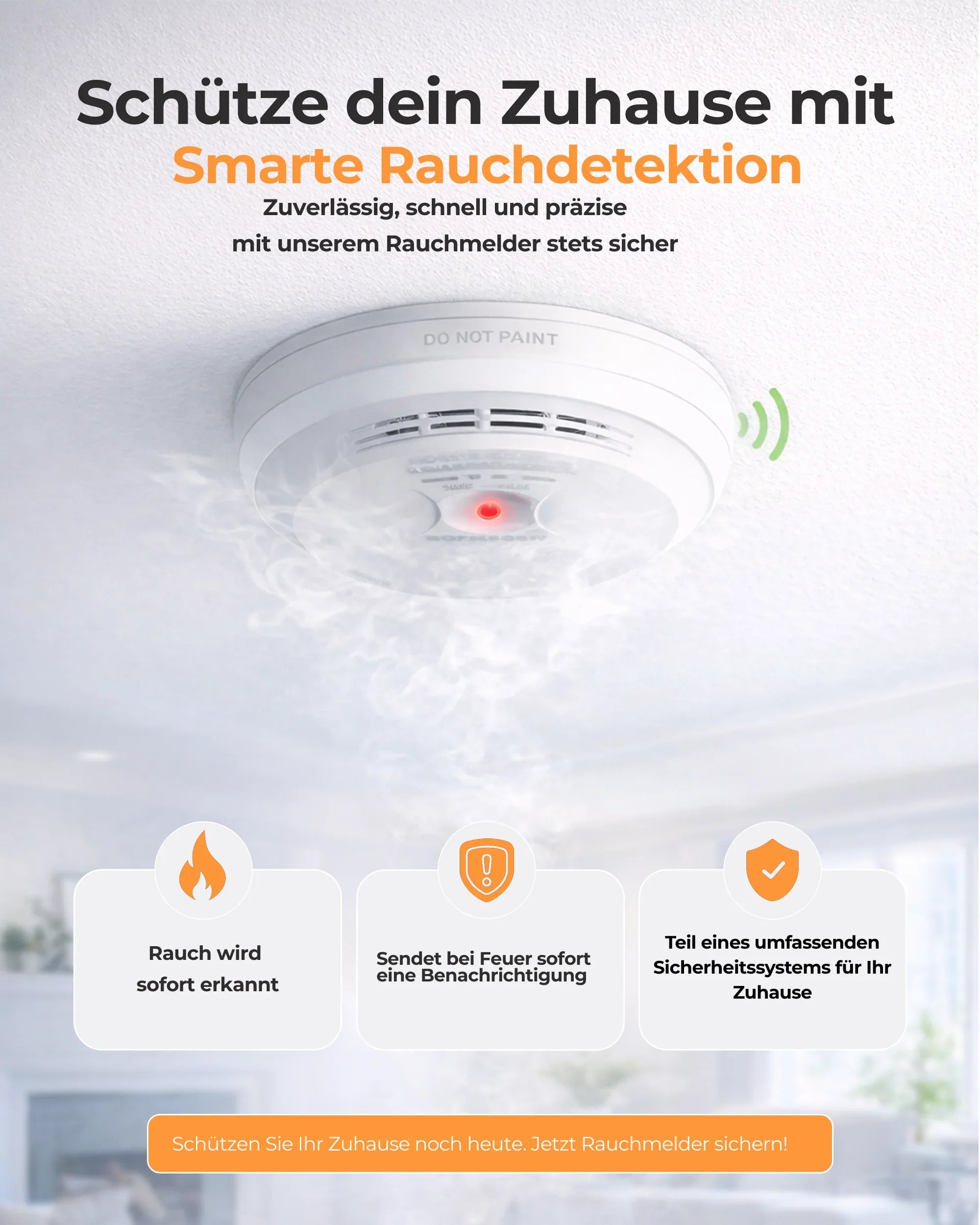 Rauchmelder an Zimmerdecke mit Rauch, smarte Rauchdetektion, Sicherheitslösung für Zuhause