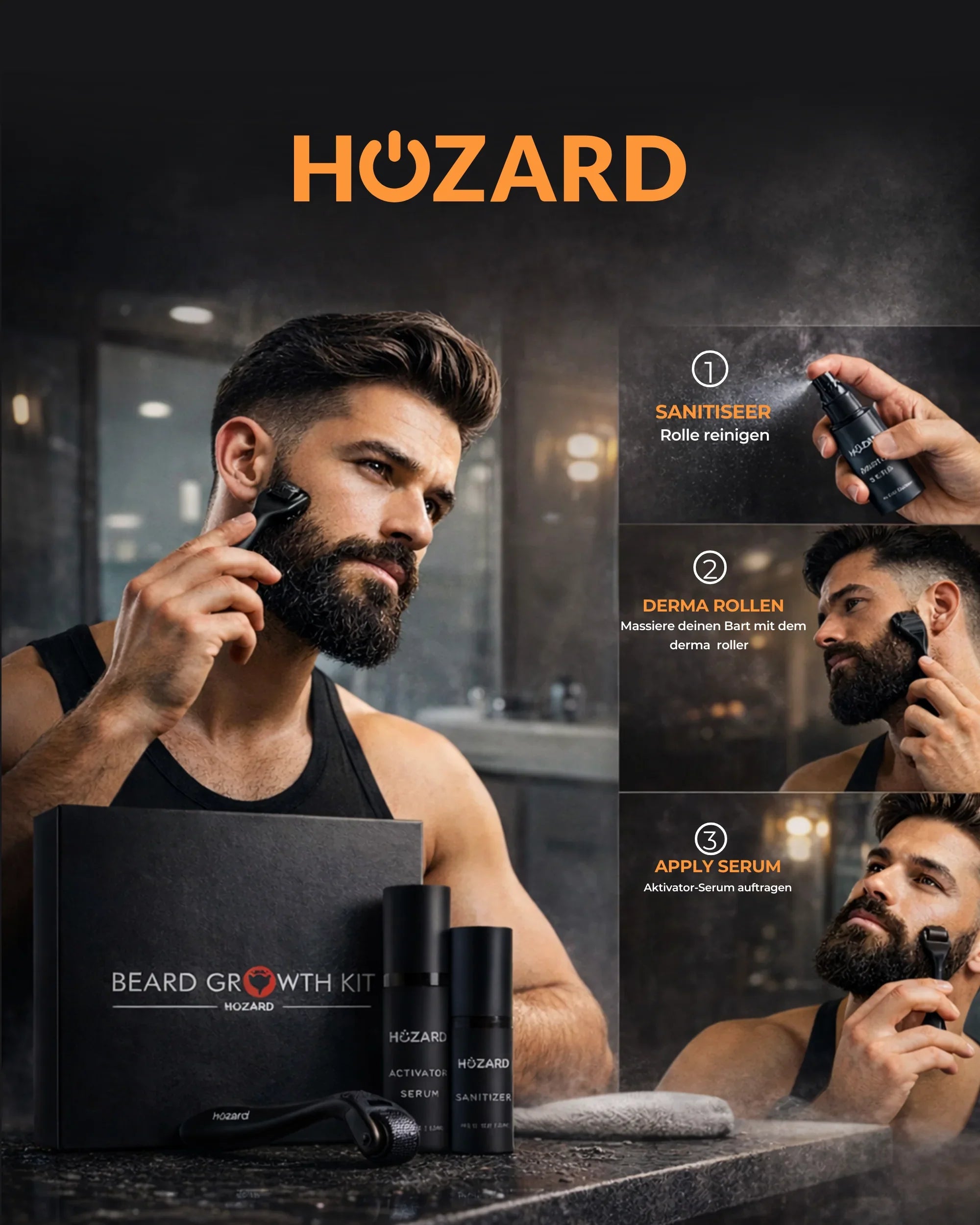Mann nutzt Bartwachstum-Set mit Derma Roller und Serum im Badezimmer, Produkt im Vordergrund.