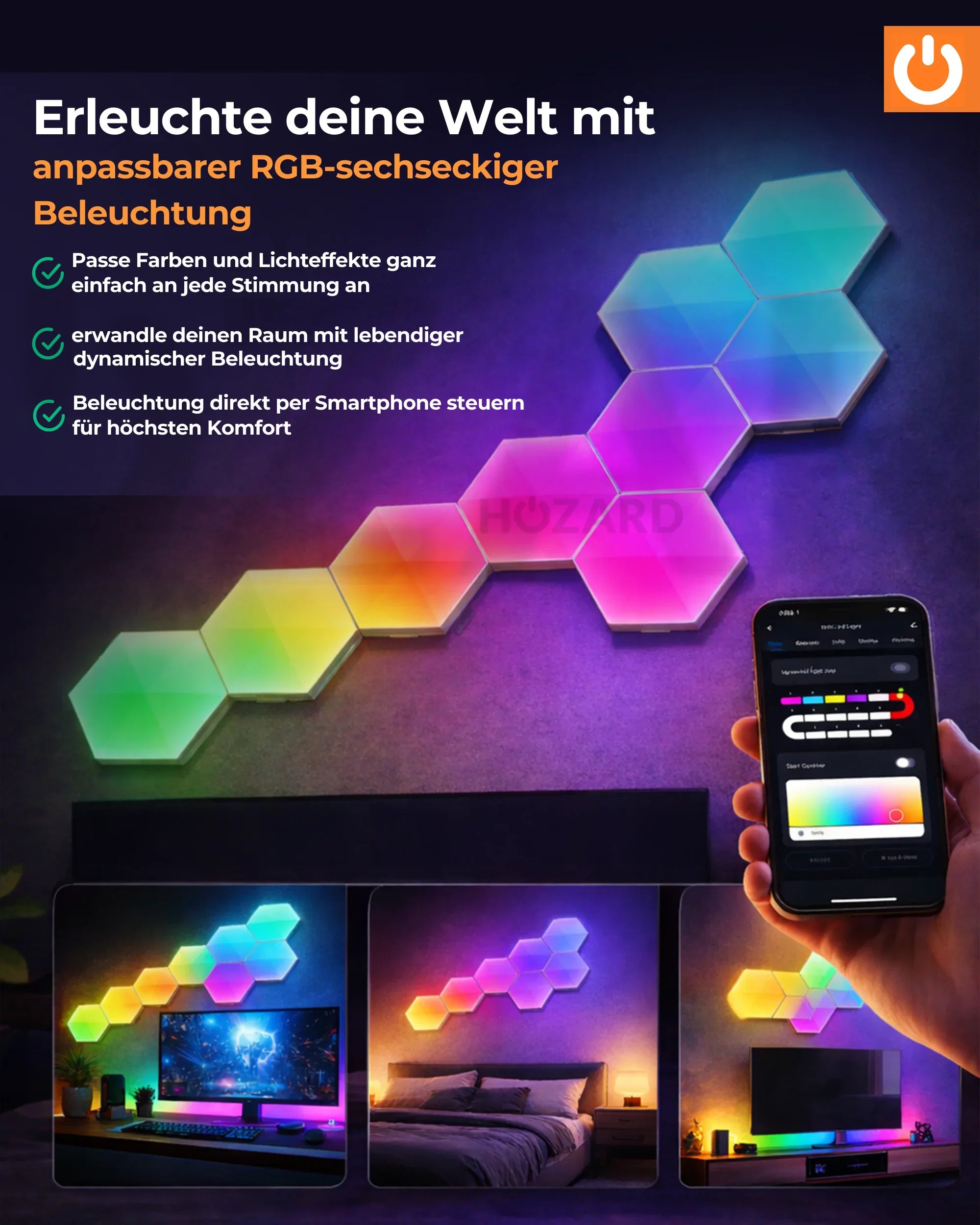 Moderne RGB-sechseckige LED-Lampen an der Wand, Smartphone-Steuerung, bunte Beleuchtung