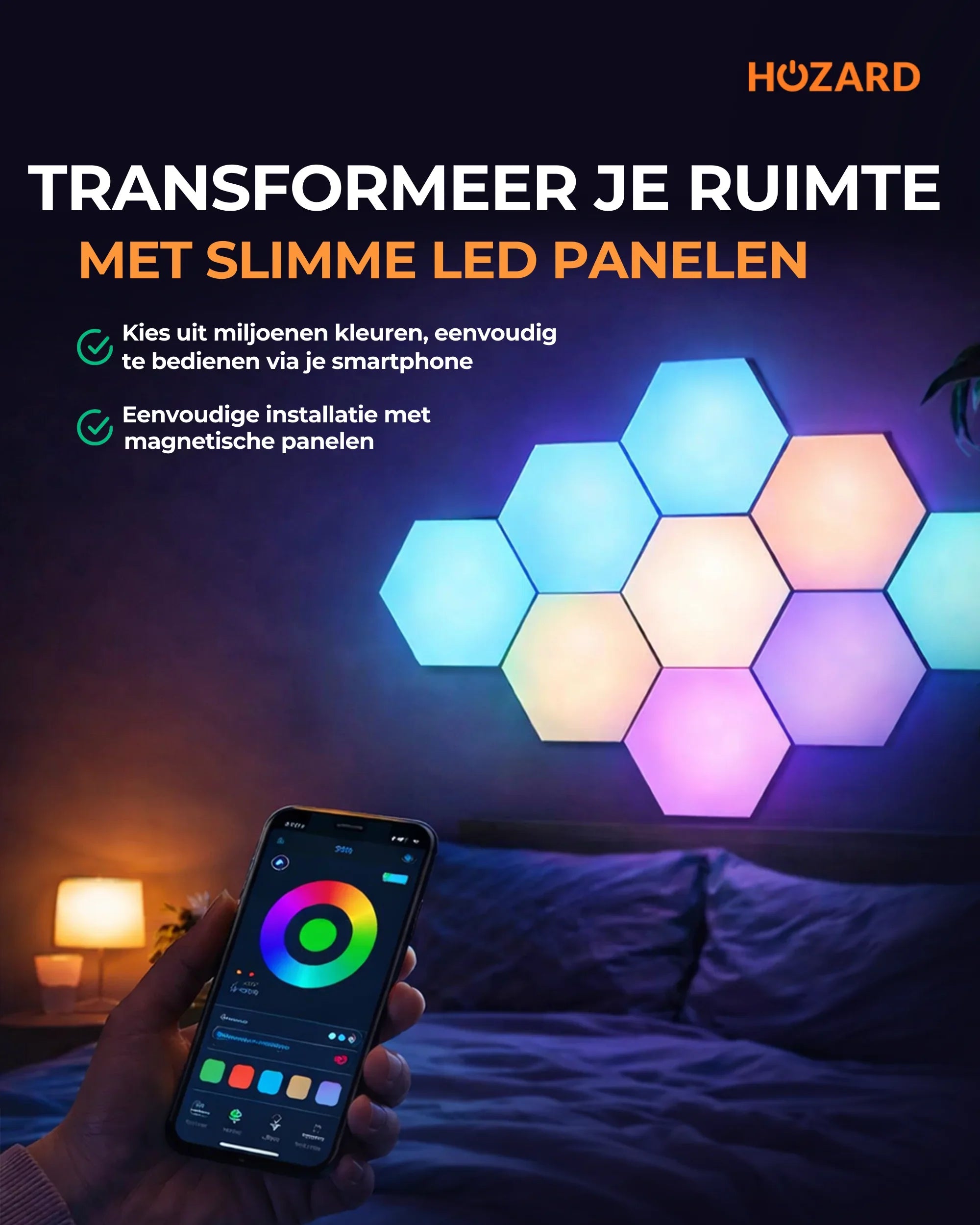 Intelligente LED-Panels mit Farbwechsel an Schlafzimmerwand, Smartphone-App zur Steuerung im Vordergrund.
