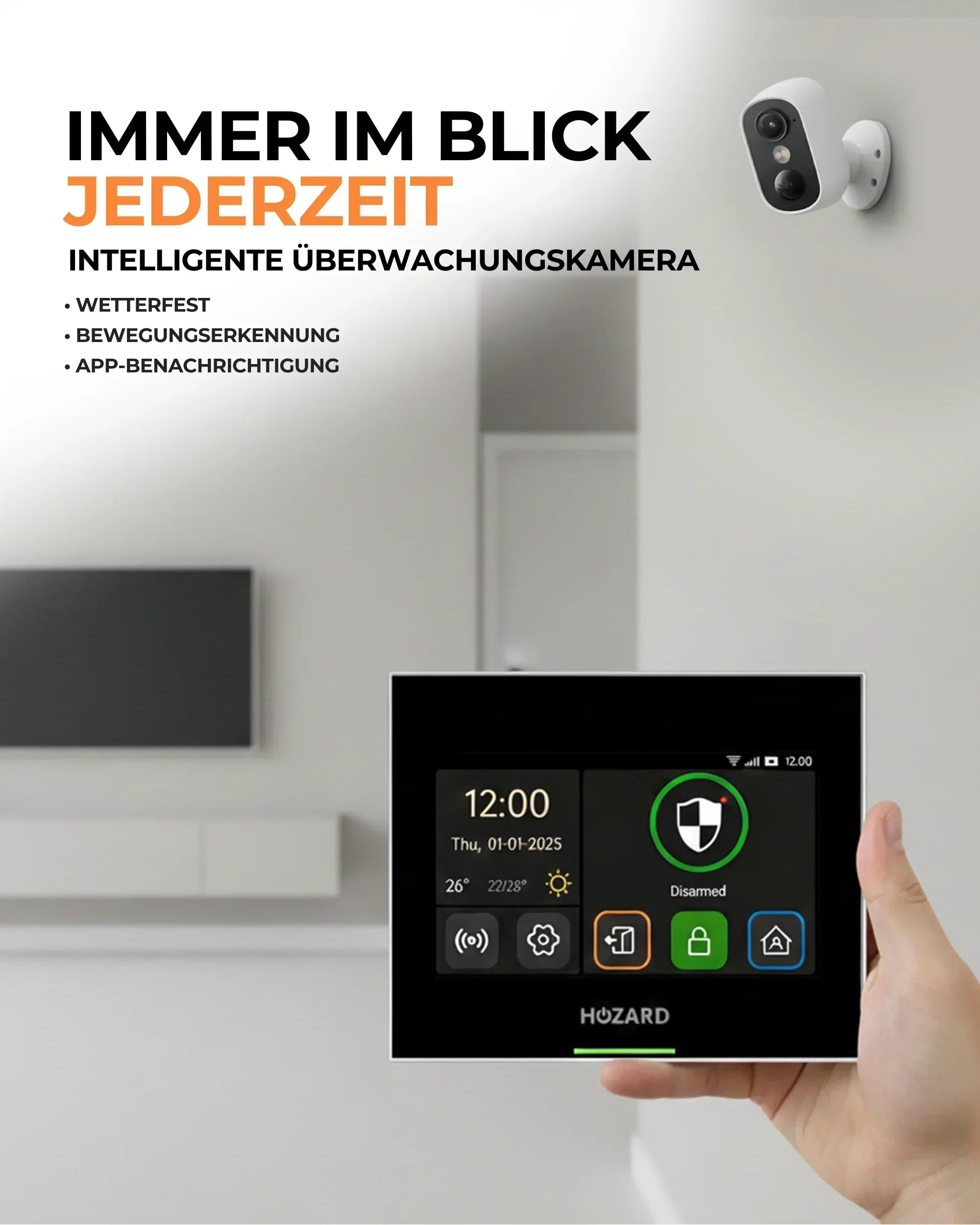 Moderne Überwachungskamera und Alarmanlagen-Display mit Wetterfest- und Bewegungsalarm