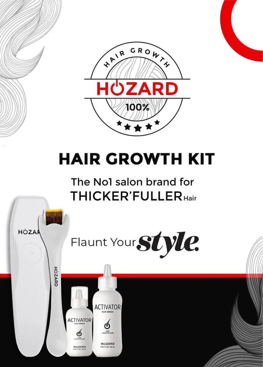 Haargrowth Kit mit Derma Roller und Aktivator Serum für volleres, dickeres Haar auf weißem Hintergrund.