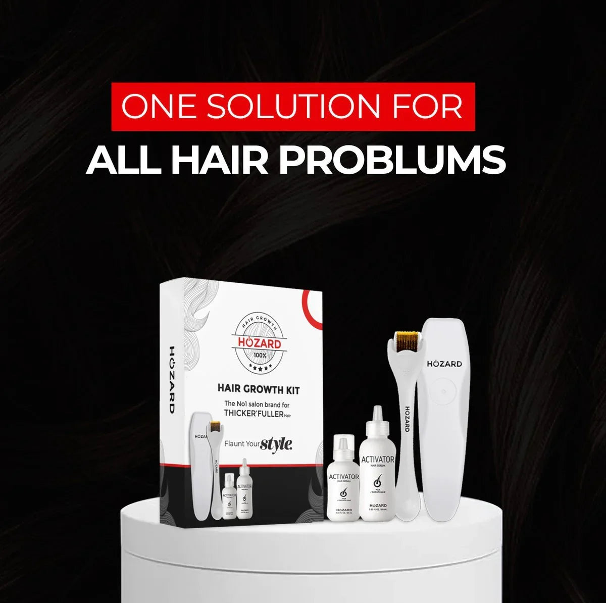 Haarwachstumsset mit Dermaroller, Aktivator und Pflegeprodukten gegen Haarausfall auf schwarzem Hintergrund.