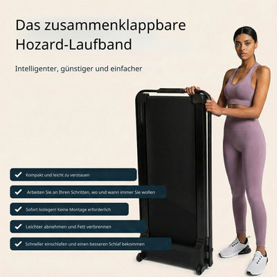Frau mit zusammenklappbarem Laufband, Fitness, platzsparend, Home-Workout, einfach verstaubar