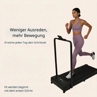 Frau läuft auf Laufband in Sportkleidung, motivierender Text für Fitness und Bewegung.