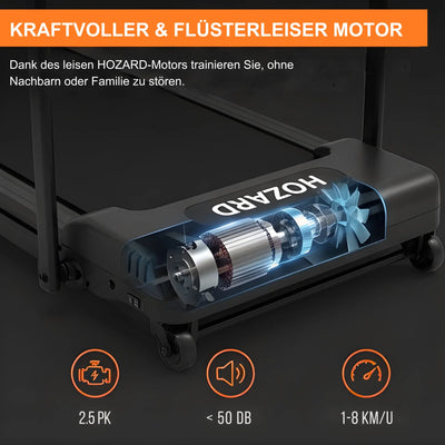 Nahaufnahme eines leisen Laufbandmotors mit transparentem Gehäuse, Leistungsangaben und Icons.