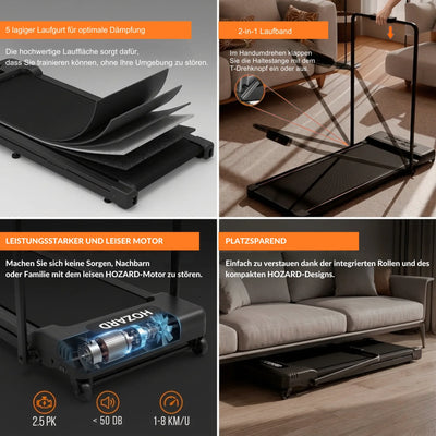 Zusammenklappbares, leises 2-in-1 Laufband mit 5-lagiger Dämpfung, platzsparend unter Sofa verstaubar.