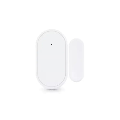 Weißer Tür- oder Fenstersensor für smarte Alarmanlage, minimalistisch auf weißem Hintergrund