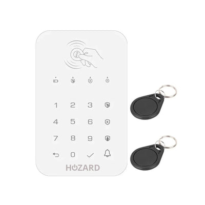 Moderne Alarmanlagen-Bedienfeld mit Touch-Tastatur und zwei schwarzen RFID-Schlüsseln