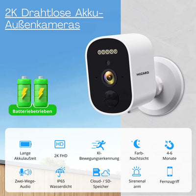2K drahtlose Außenkamera mit Akku, Nachtsicht, Bewegungserkennung, wetterfest und batteriebetrieben.