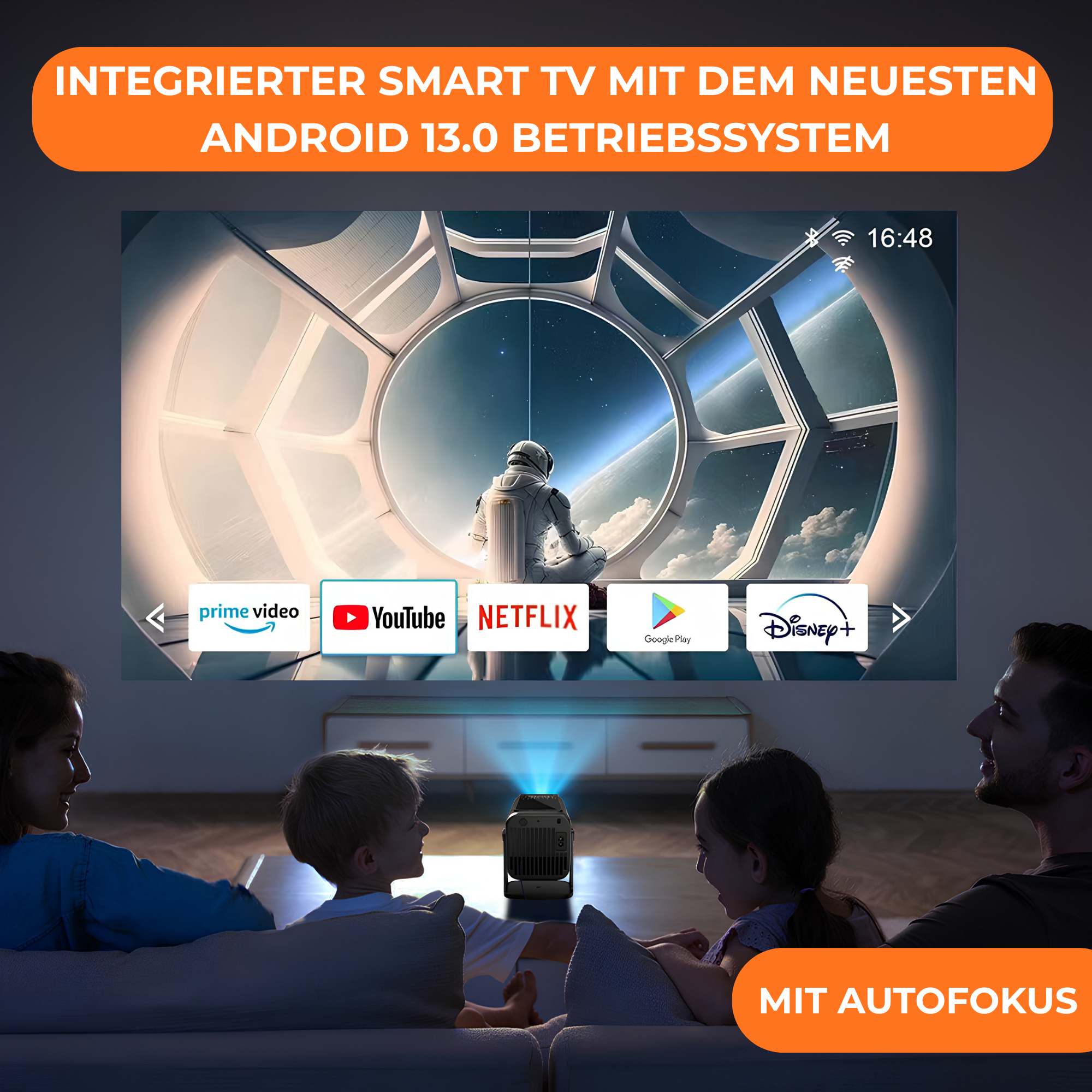 Pro Mini Beamer – Full HD Projektor – Autofokus + 4D Keystone – Android 13.0 & WiFi 6 – Media-Streamer