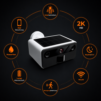 2K Außenkamera mit Nachtsicht – Drahtlose FHD Solar-Überwachungskamera – IP66 – WLAN mit App