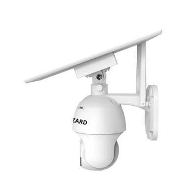 Weiße Überwachungskamera mit Solarpanel für Haus- und Wohnmobilsicherheit, Wandmontage