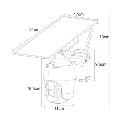 Technische Zeichnung einer Überwachungskamera mit Solarpanel und Maßangaben in Zentimetern