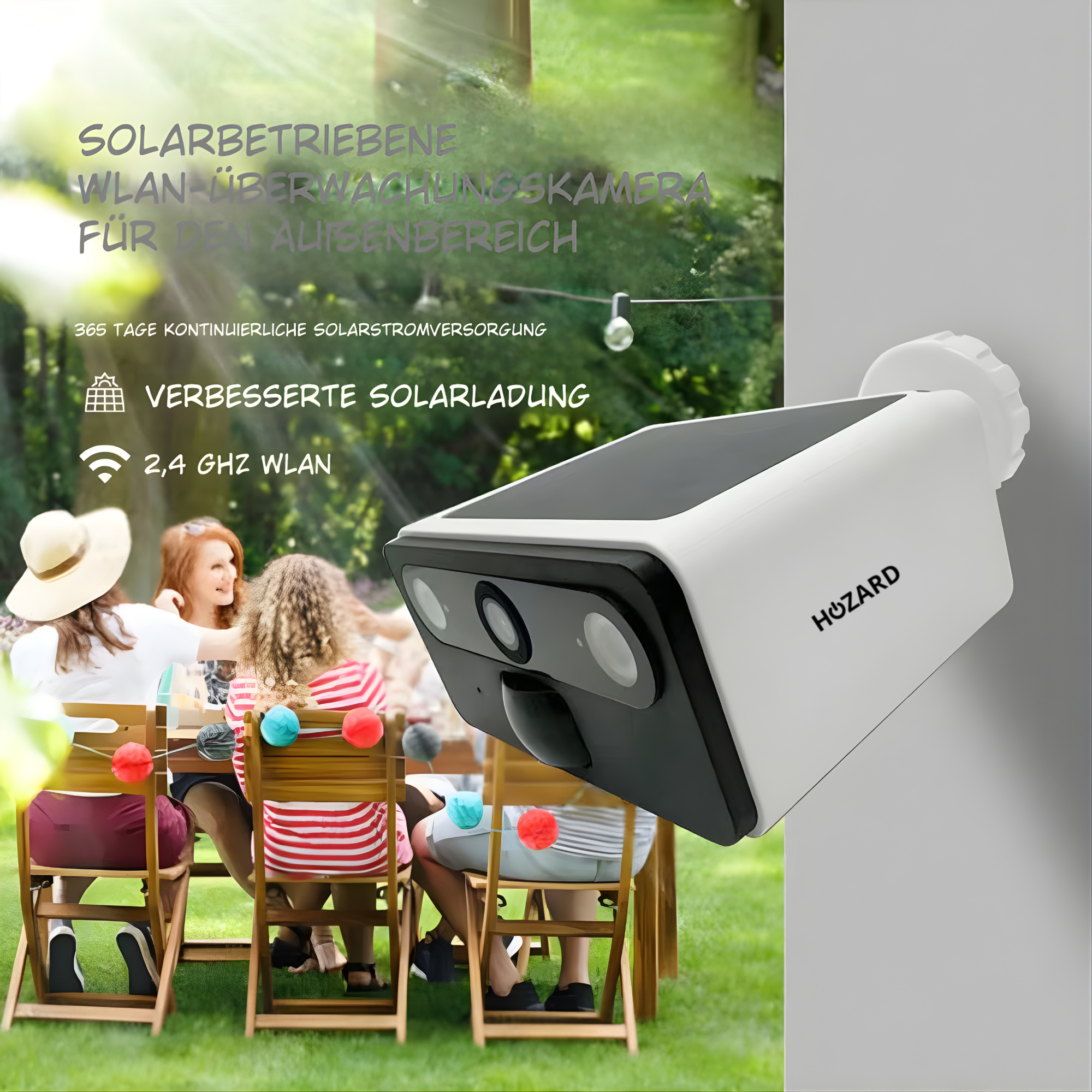 2K Außenkamera mit Nachtsicht – Drahtlose FHD Solar-Überwachungskamera – IP66 – WLAN mit App – inkl. 32GB