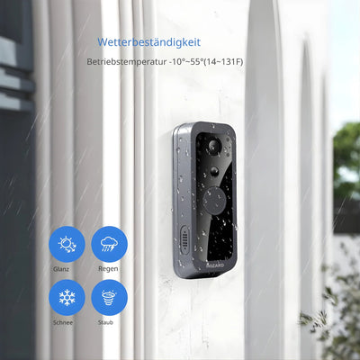 Wetterfeste Türklingel-Kamera mit Regentropfen, geeignet für Sonne, Regen, Schnee und Staub.