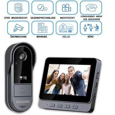 Video-Türsprechanlage mit Kamera, Display und Symbolen für wasserdicht, Nachtsicht, Überwachung